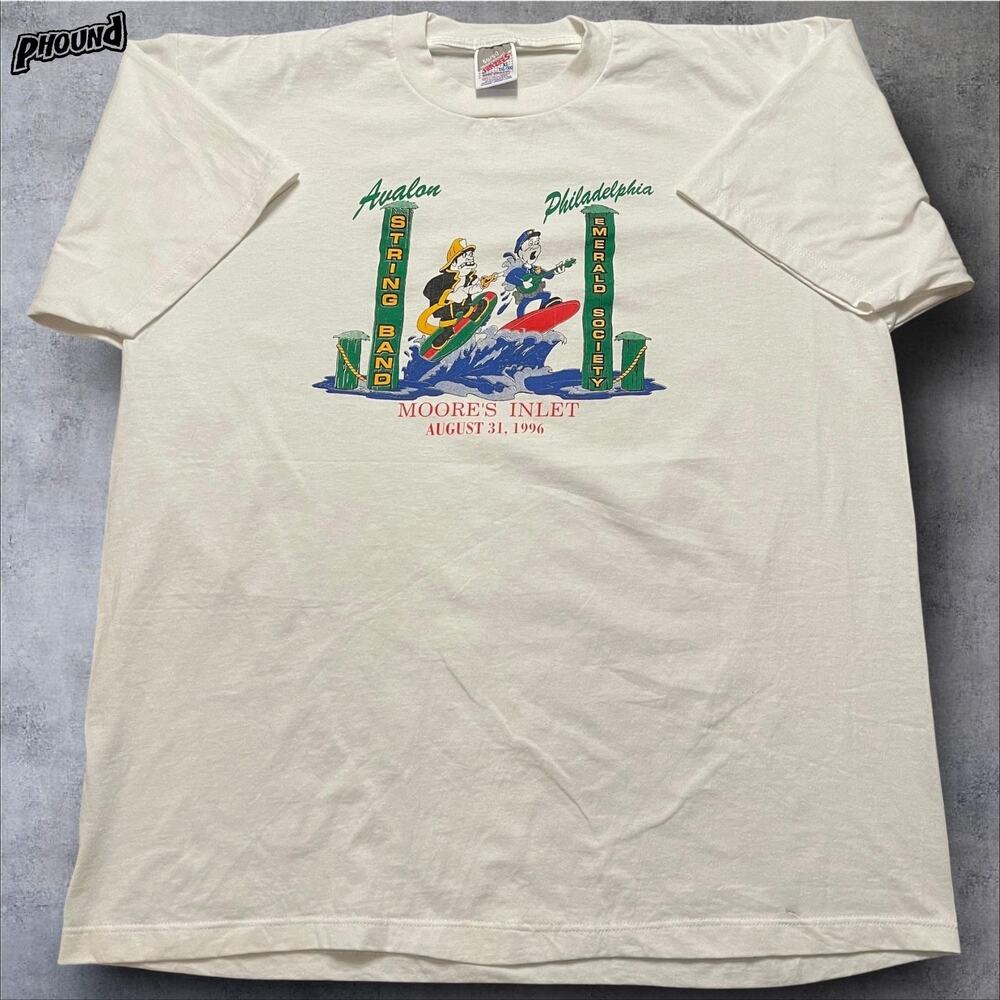 Vintage Avalon String Band Shirt Mens XL White Moore's Inlet 1996 Graphic 90s